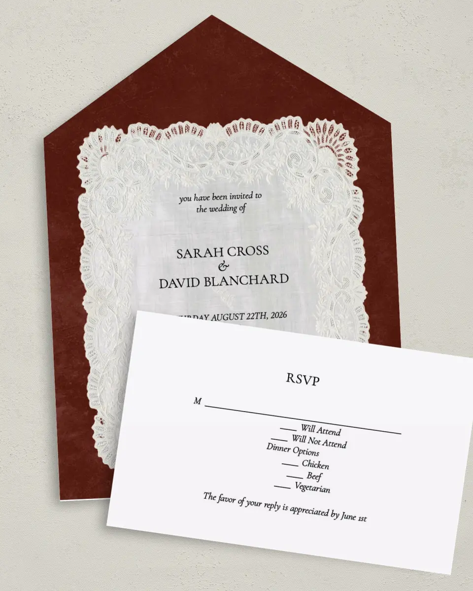 This is a 6" x 4½" All-in-One Wedding Invitation called Trimmed Lace printed in full color on Premium Smooth paper