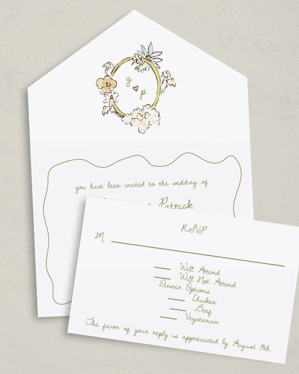 This is a 6" x 4½" All-in-One Wedding Invitation called Soft Garden Vows printed in full color on Premium Smooth paper