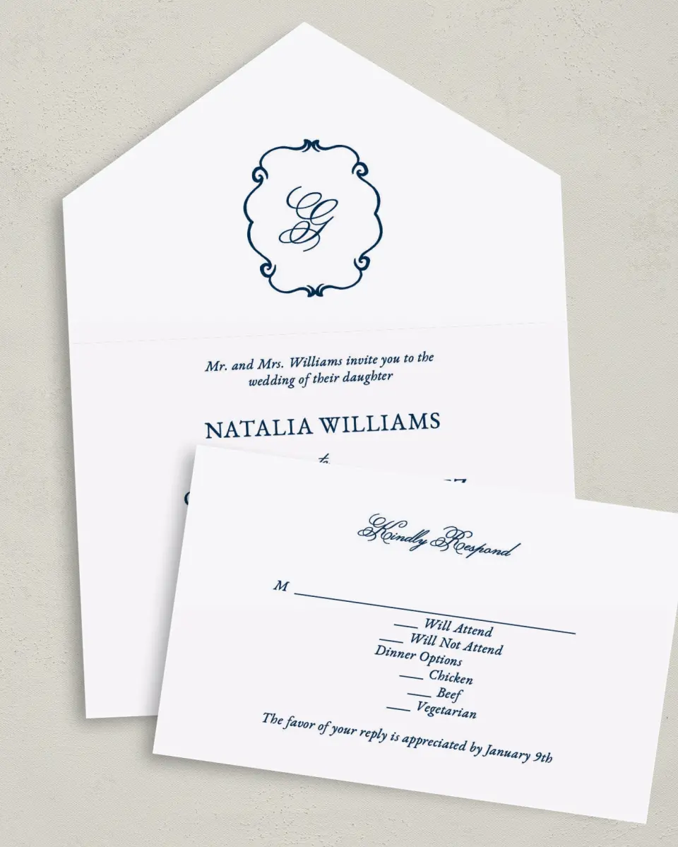 This is a 6" x 4½" All-in-One Wedding Invitation called Heirloom Crest printed in full color on Premium Smooth paper