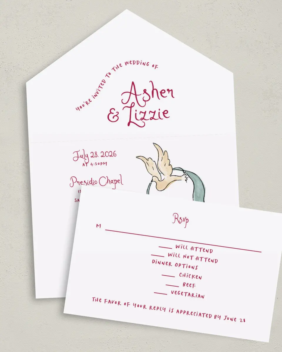 This is a 6" x 4½" All-in-One Wedding Invitation called Love Dove printed in full color on Premium Smooth paper
