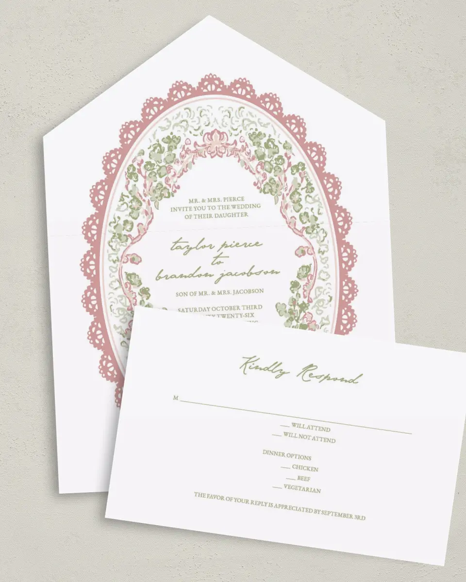 This is a 6" x 4½" All-in-One Wedding Invitation called Verdant Romance printed in full color on Premium Smooth paper