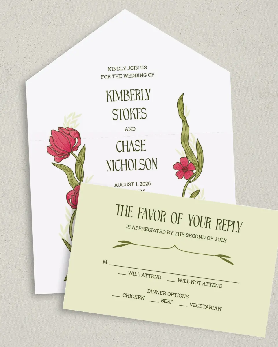 This is a 6" x 4½" All-in-One Wedding Invitation called Nouveau Romance printed in full color on Premium Smooth paper