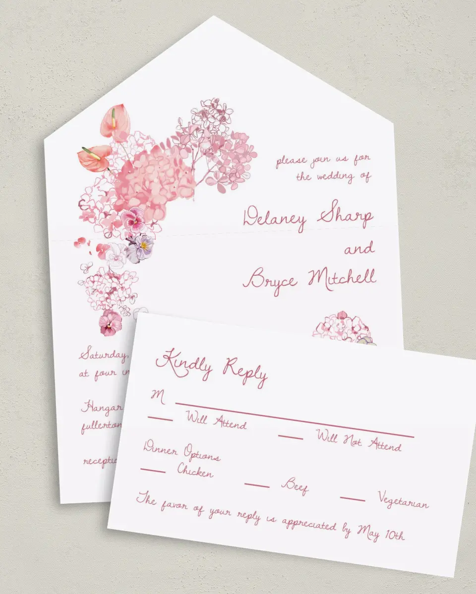 This is a 6" x 4½" All-in-One Wedding Invitation called Blushing Whimsy printed in full color on Premium Smooth paper