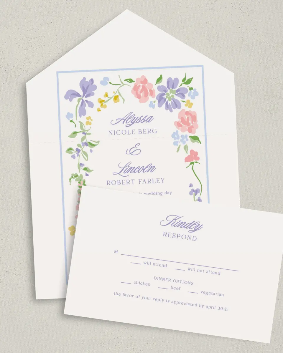 This is a 6" x 4½" All-in-One Wedding Invitation called Gentle Garden printed in full color on Premium Smooth paper