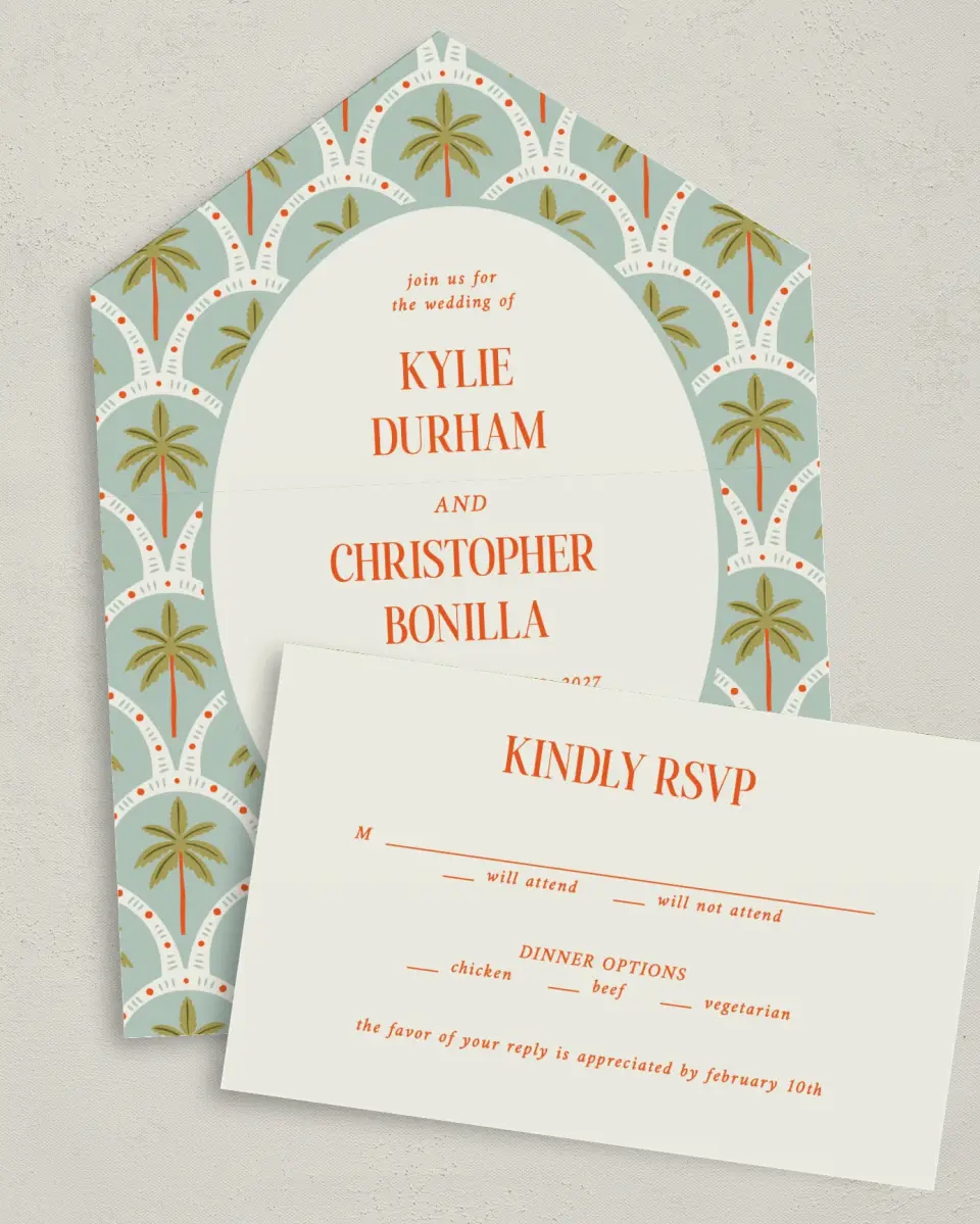 This is a 6" x 4½" All-in-One Wedding Invitation called Tropical Treasure printed in full color on Premium Smooth paper