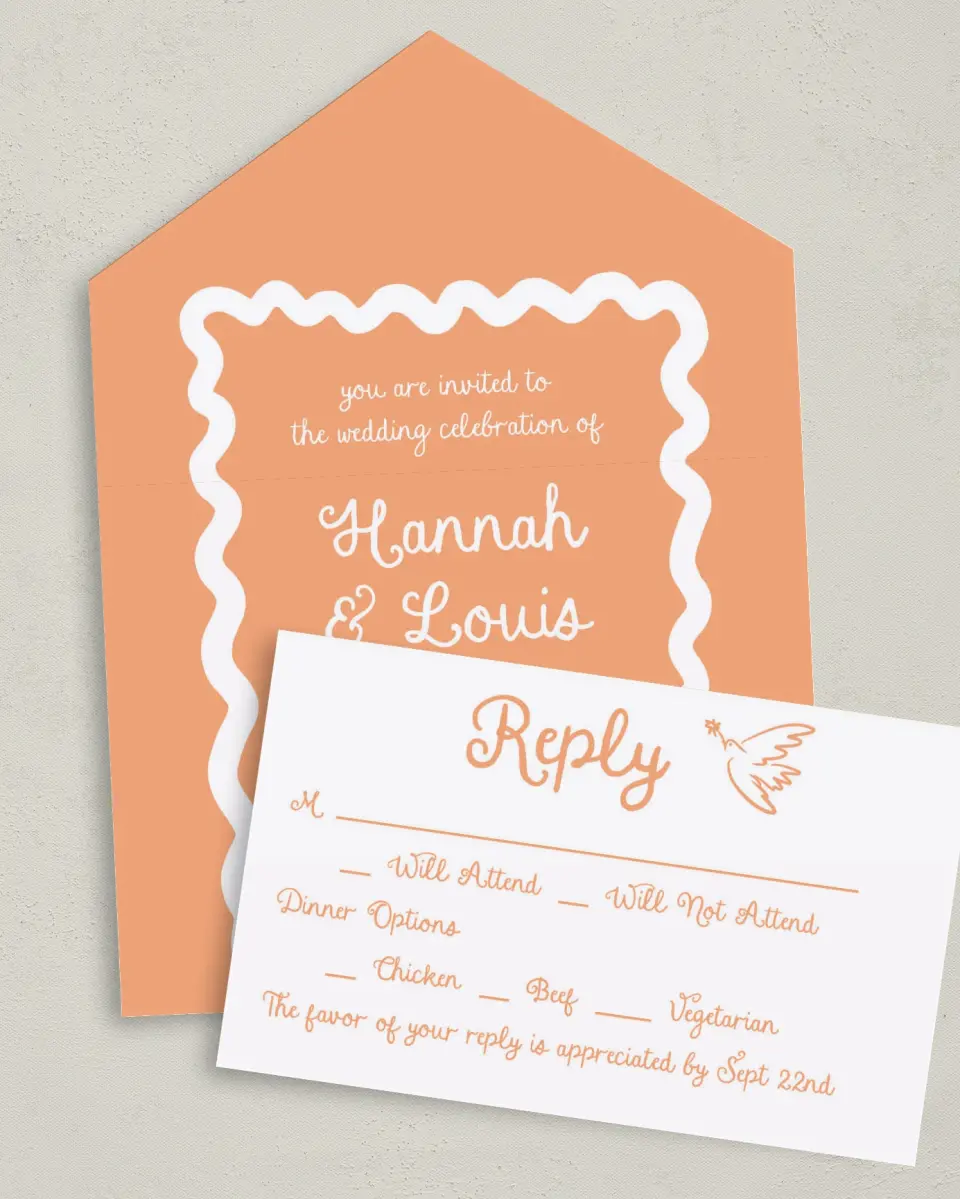 This is a 6" x 4½" All-in-One Wedding Invitation called Wavy Love printed in full color on Premium Smooth paper