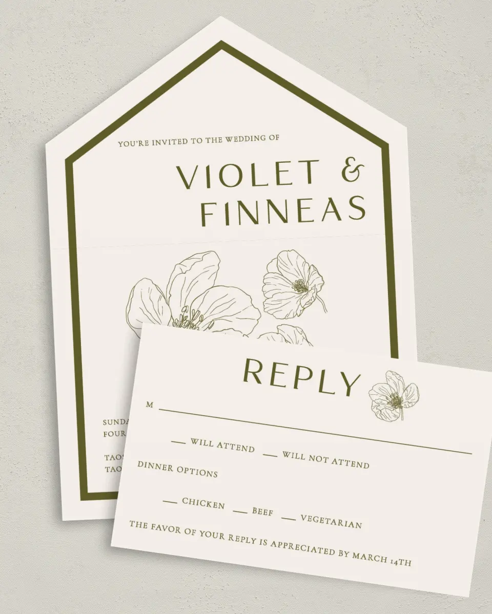 This is a 6" x 4½" All-in-One Wedding Invitation called Delicate Love printed in full color on Premium Smooth paper