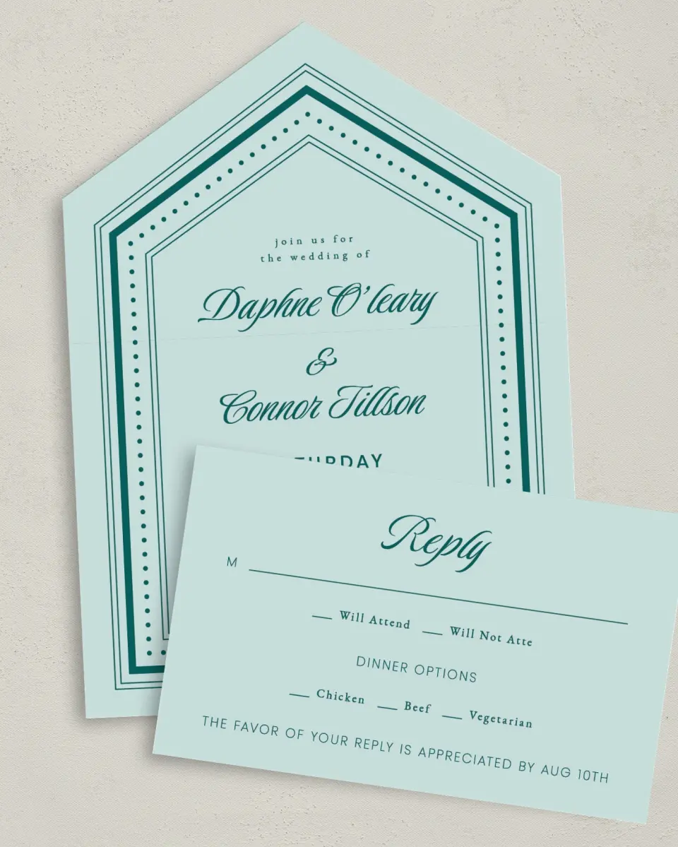 This is a 6" x 4½" All-in-One Wedding Invitation called Faithful Frame printed in full color on Premium Smooth paper