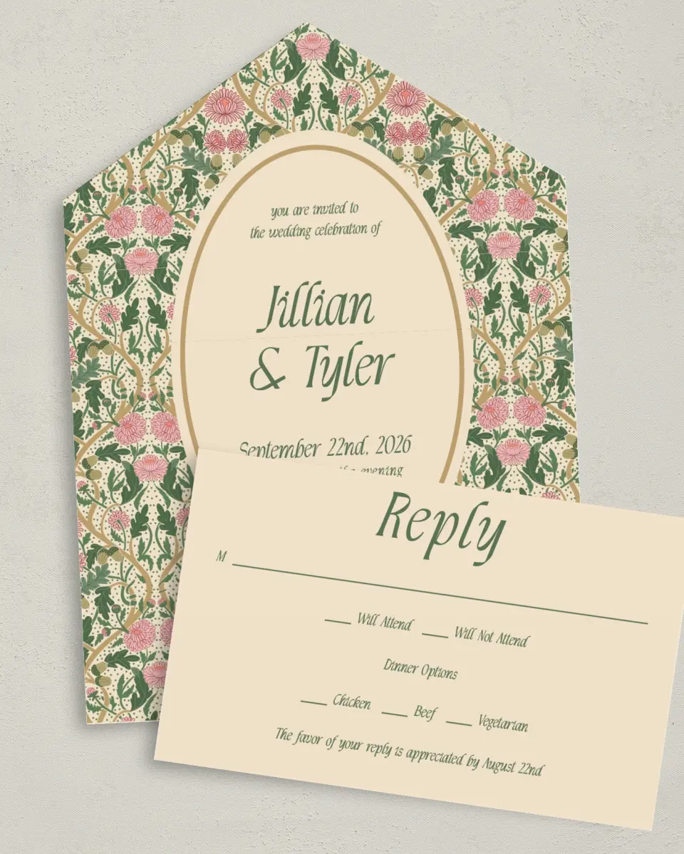 This is a 6" x 4½" All-in-One Wedding Invitation called Regal Garden printed in full color on Premium Smooth paper