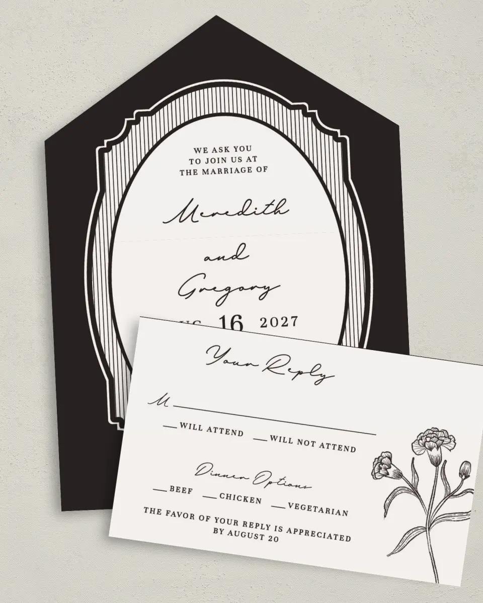 This is a 6" x 4½" All-in-One Wedding Invitation called Opulent Endearment printed in full color on Premium Smooth paper