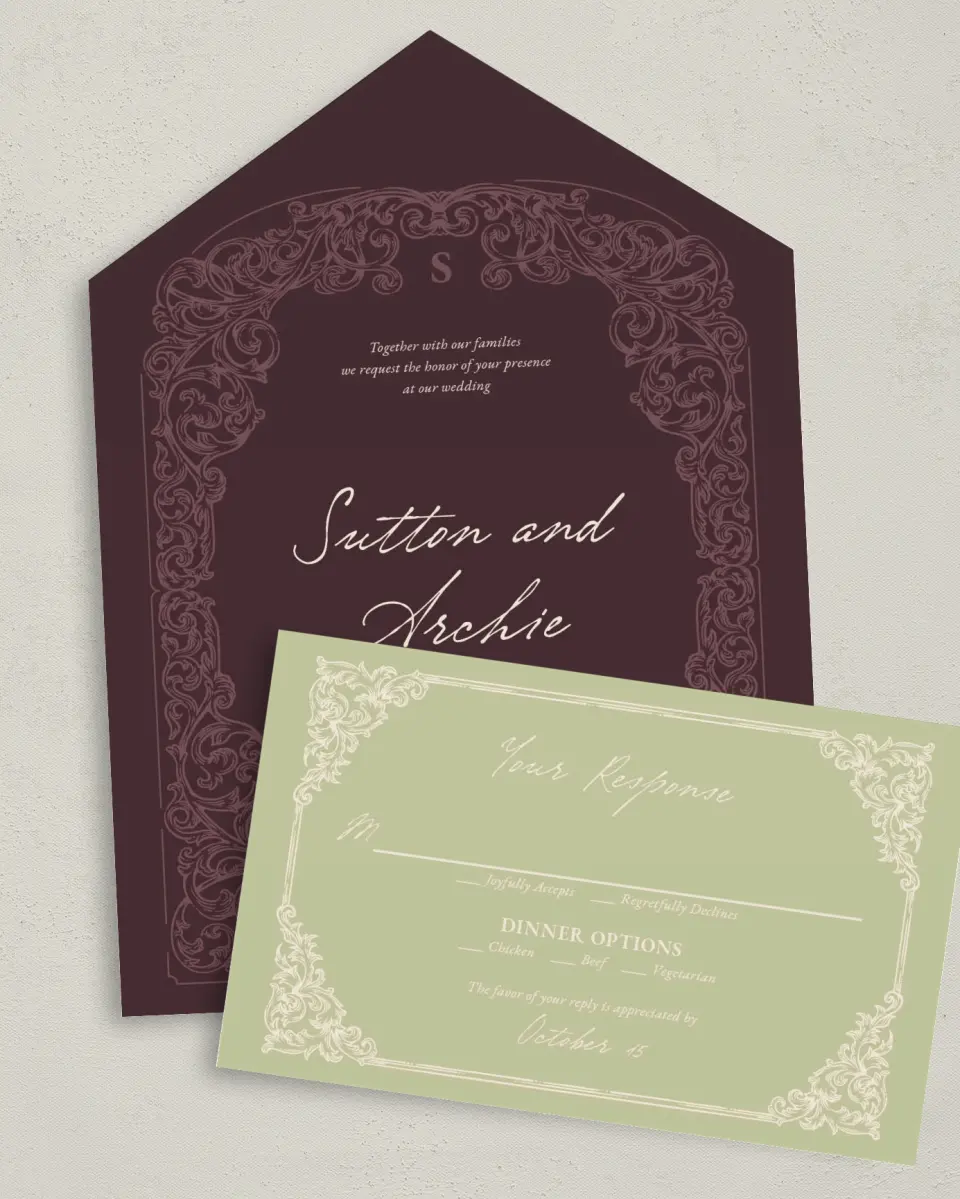 This is a 6" x 4½" All-in-One Wedding Invitation called Victorian Aura printed in full color on Premium Smooth paper