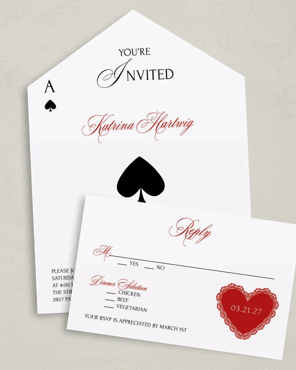 This is a 6" x 4½" All-in-One Wedding Invitation called Elevated Vegas printed in full color on Premium Smooth paper