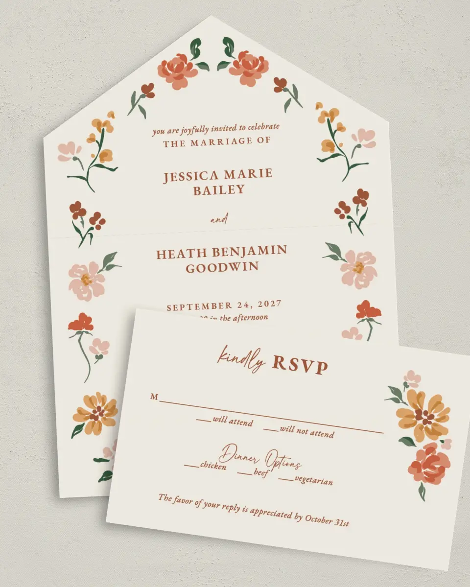 This is a 6" x 4½" All-in-One Wedding Invitation called Plush Petals printed in full color on Premium Smooth paper
