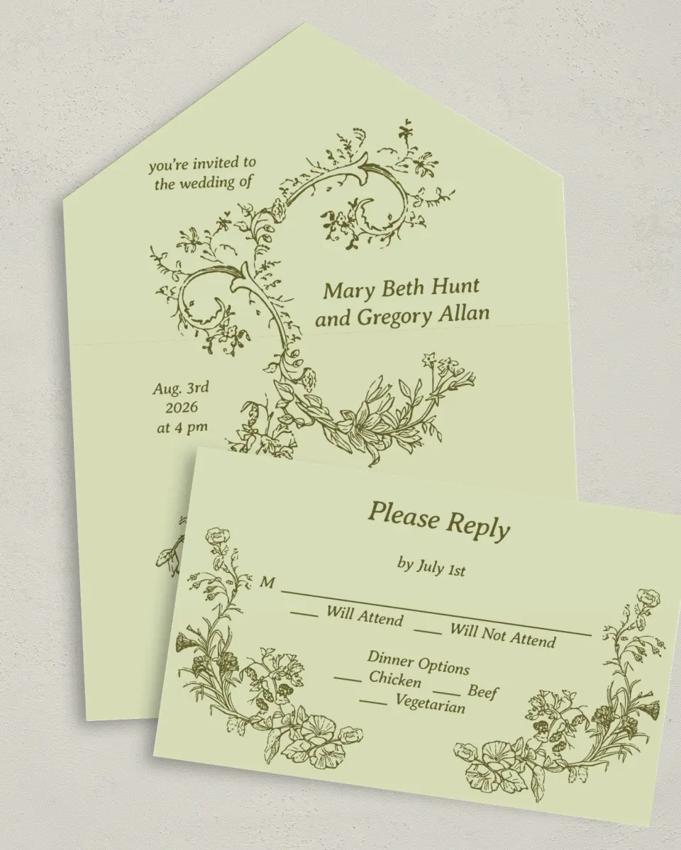 This is a 6" x 4½" All-in-One Wedding Invitation called Vintage Chinoiserie printed in full color on Premium Smooth paper