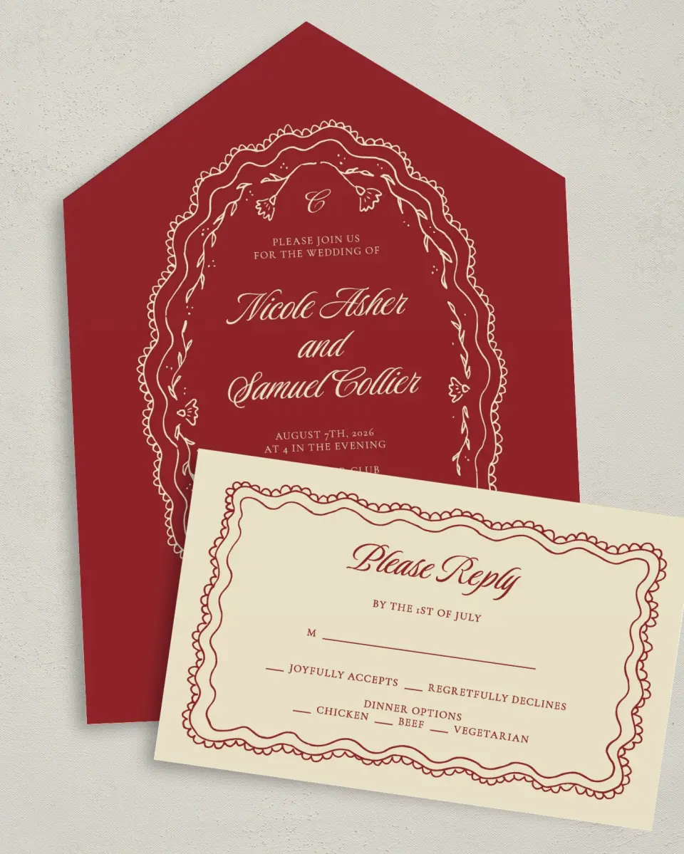 This is a 6" x 4½" All-in-One Wedding Invitation called Bloom & Crest printed in full color on Premium Smooth paper