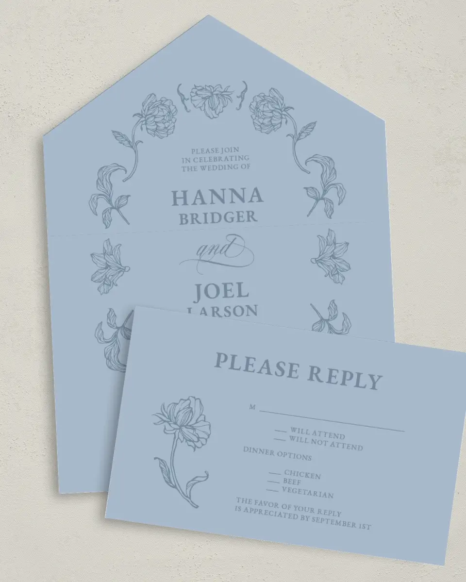 This is a 6" x 4½" All-in-One Wedding Invitation called Pressed Petals printed in full color on Premium Smooth paper