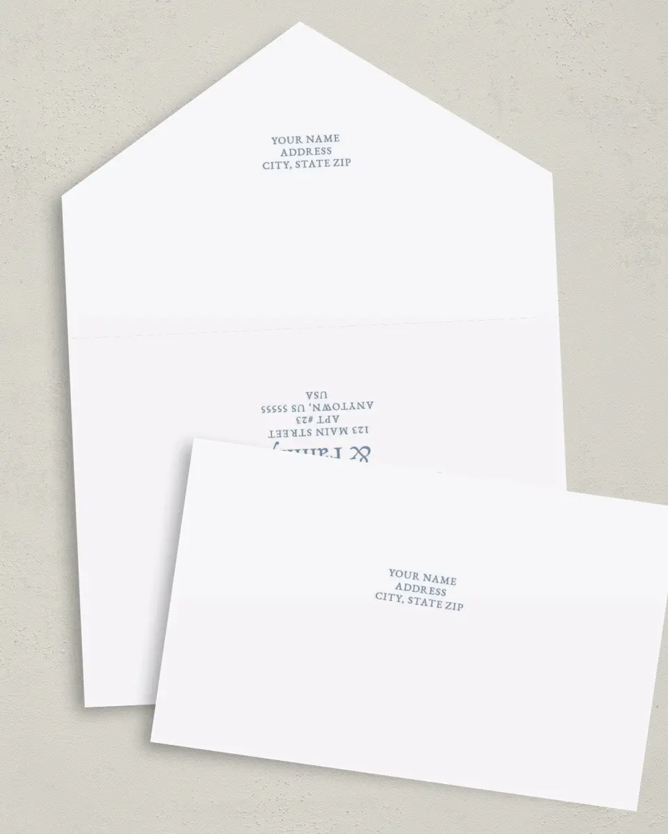 This is a 6" x 4½" All-in-One Wedding Invitation called Pressed Petals printed in full color on Premium Smooth paper