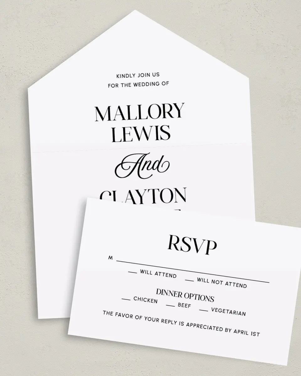This is a 6" x 4½" All-in-One Wedding Invitation called The Mallory printed in full color on Premium Smooth paper