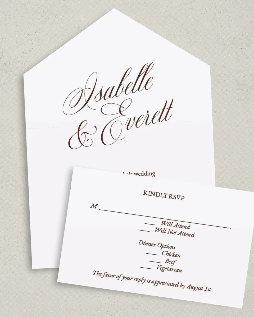 This is a 6" x 4½" All-in-One Wedding Invitation called The Isabelle printed in full color on Premium Smooth paper