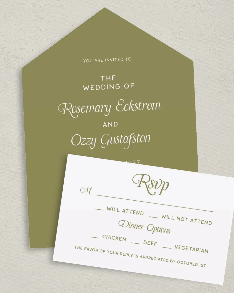 This is a 6" x 4½" All-in-One Wedding Invitation called The Rosemary printed in full color on Premium Smooth paper