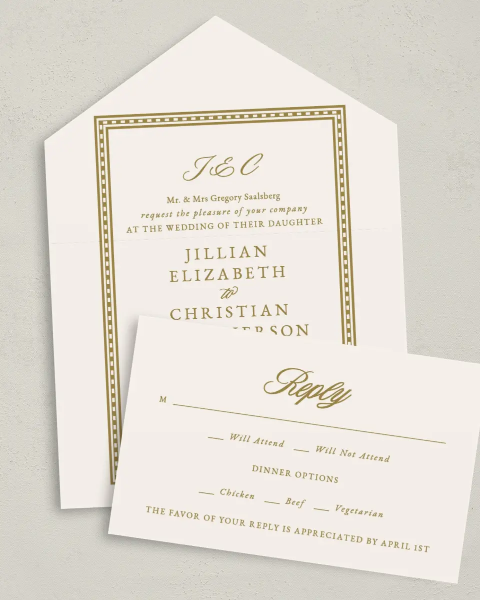 This is a 6" x 4½" All-in-One Wedding Invitation called The Jillian printed in full color on Premium Smooth paper