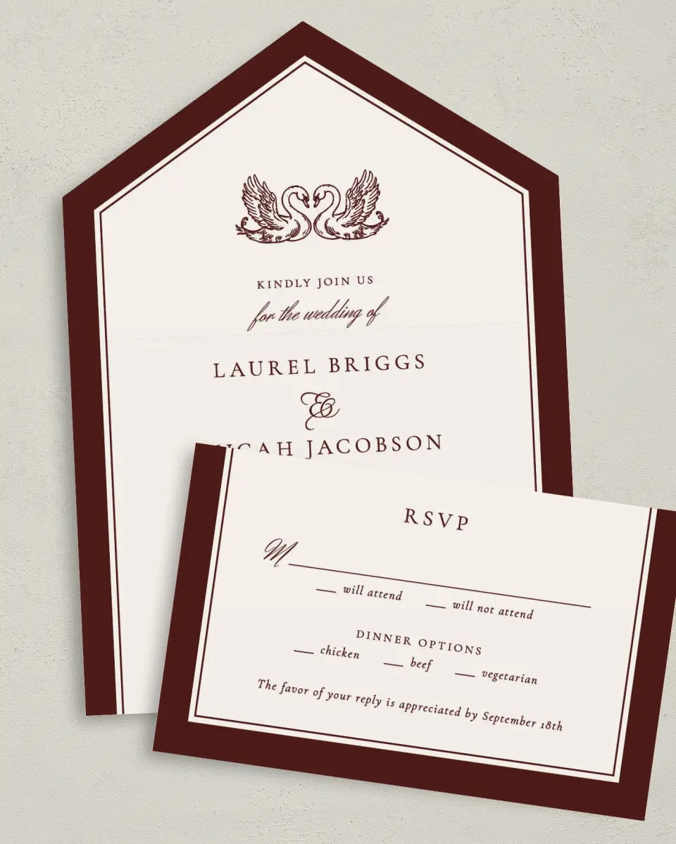 This is a 6" x 4½" All-in-One Wedding Invitation called Swan Song printed in full color on Premium Smooth paper