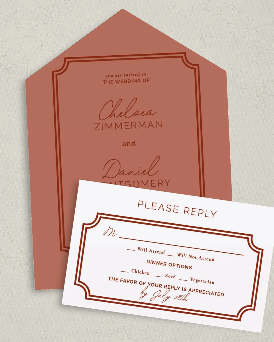 This is a 6" x 4½" All-in-One Wedding Invitation called The Chelsea printed in full color on Premium Smooth paper