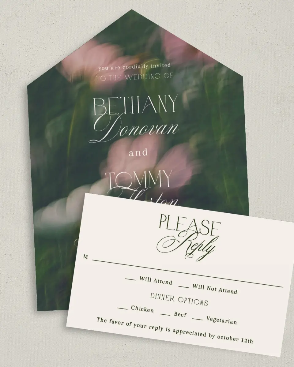 This is a 6" x 4½" All-in-One Wedding Invitation called The Bethany printed in full color on Premium Smooth paper