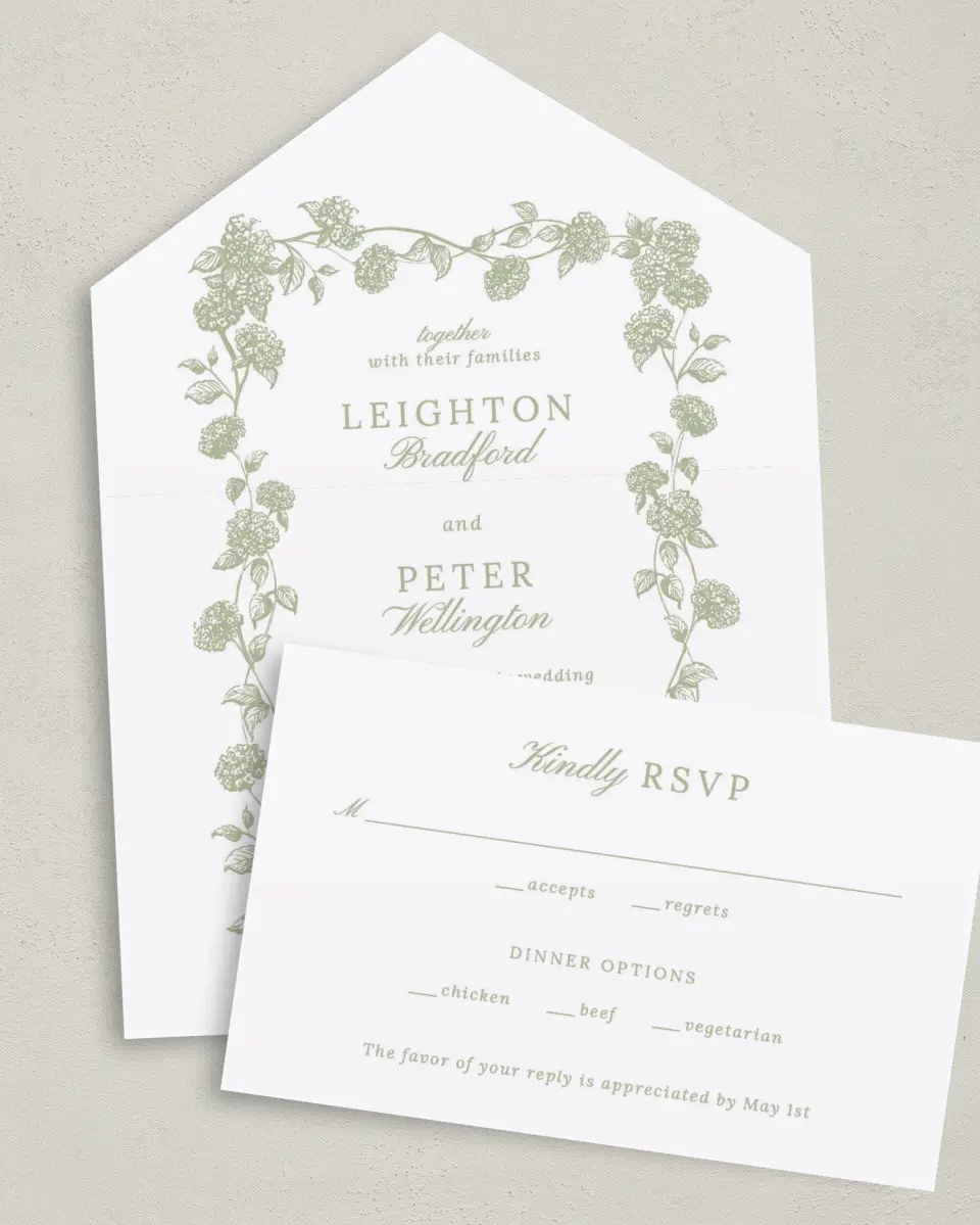 This is a 6" x 4½" All-in-One Wedding Invitation called Harmonious Hydrangea printed in full color on Premium Smooth paper
