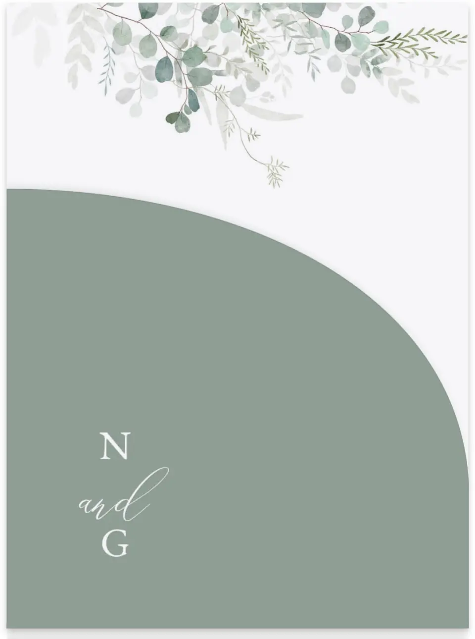 This is a 5¼" x 7.125" Folded Stacked Wedding Invitation called Elegant Greenery printed in full color on Luxe Satin (coated) paper