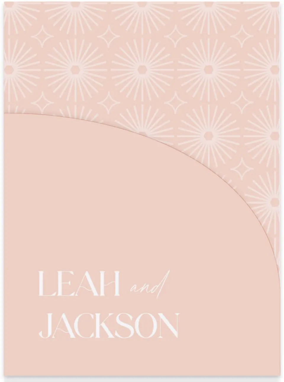 This is a 5¼" x 7.125" Folded Stacked Wedding Invitation called The Leah printed in full color with Gold foil on Luxe Satin (coated) paper