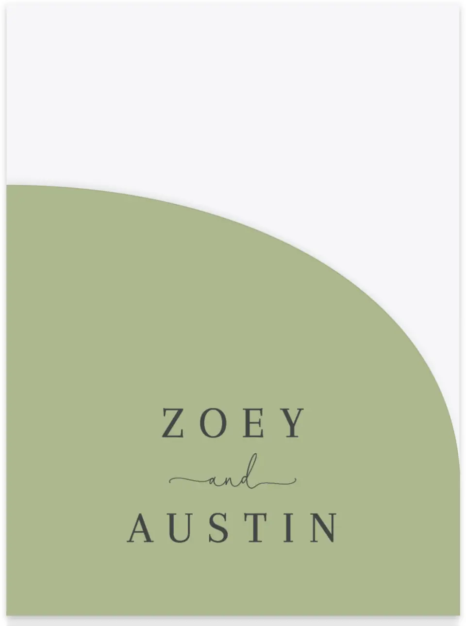 This is a 5¼" x 7.125" Folded Stacked Wedding Invitation called The Zoey printed in full color on Luxe Satin (coated) paper
