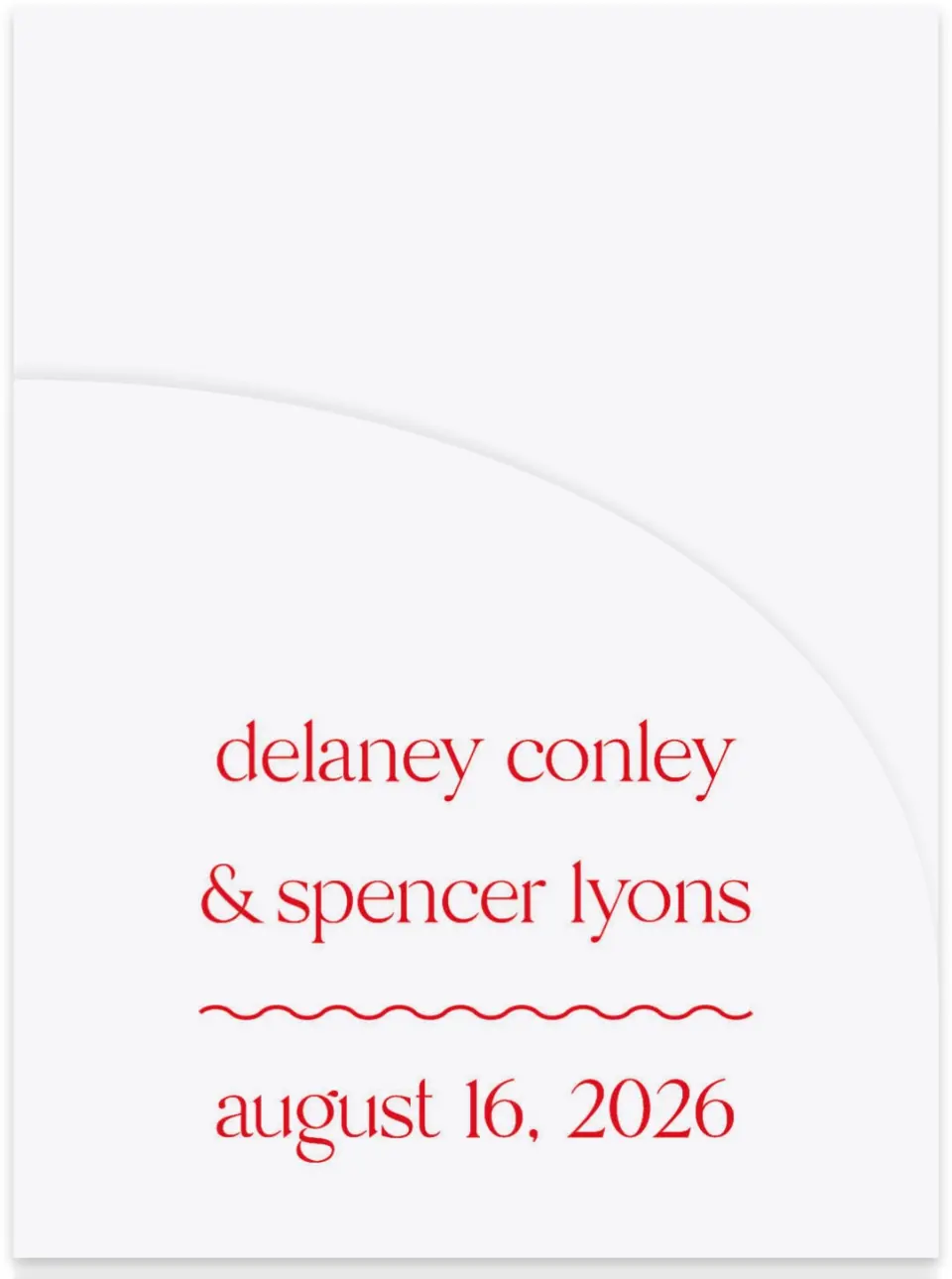 This is a 5¼" x 7.125" Folded Stacked Wedding Invitation called The Delaney printed in full color on Luxe Satin (coated) paper