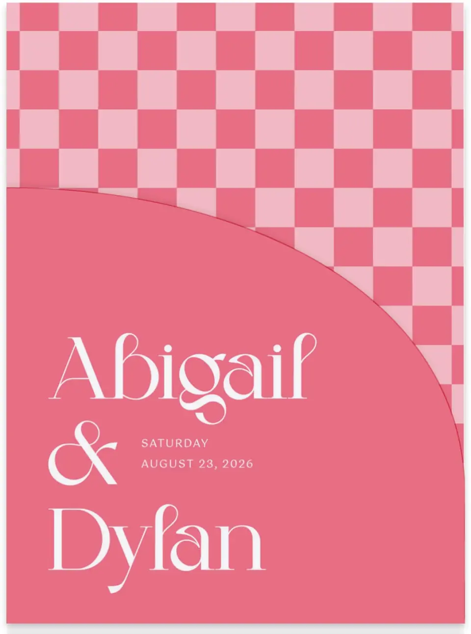 This is a 5¼" x 7.125" Folded Stacked Wedding Invitation called The Abigail printed in full color on Luxe Satin (coated) paper