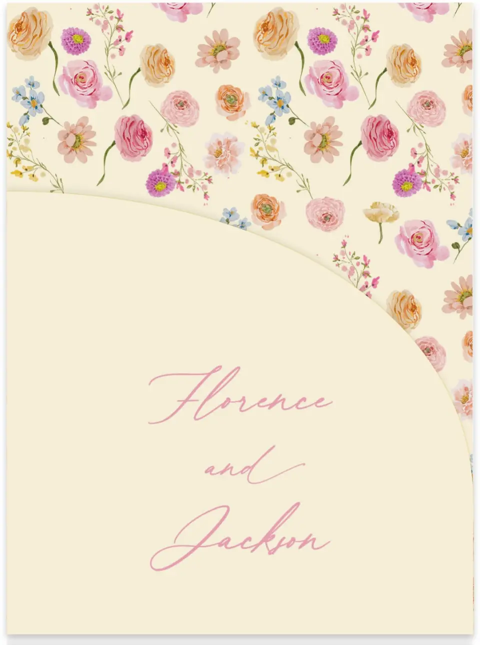 This is a 5¼" x 7.125" Folded Stacked Wedding Invitation called The Florence printed in full color on Luxe Satin (coated) paper