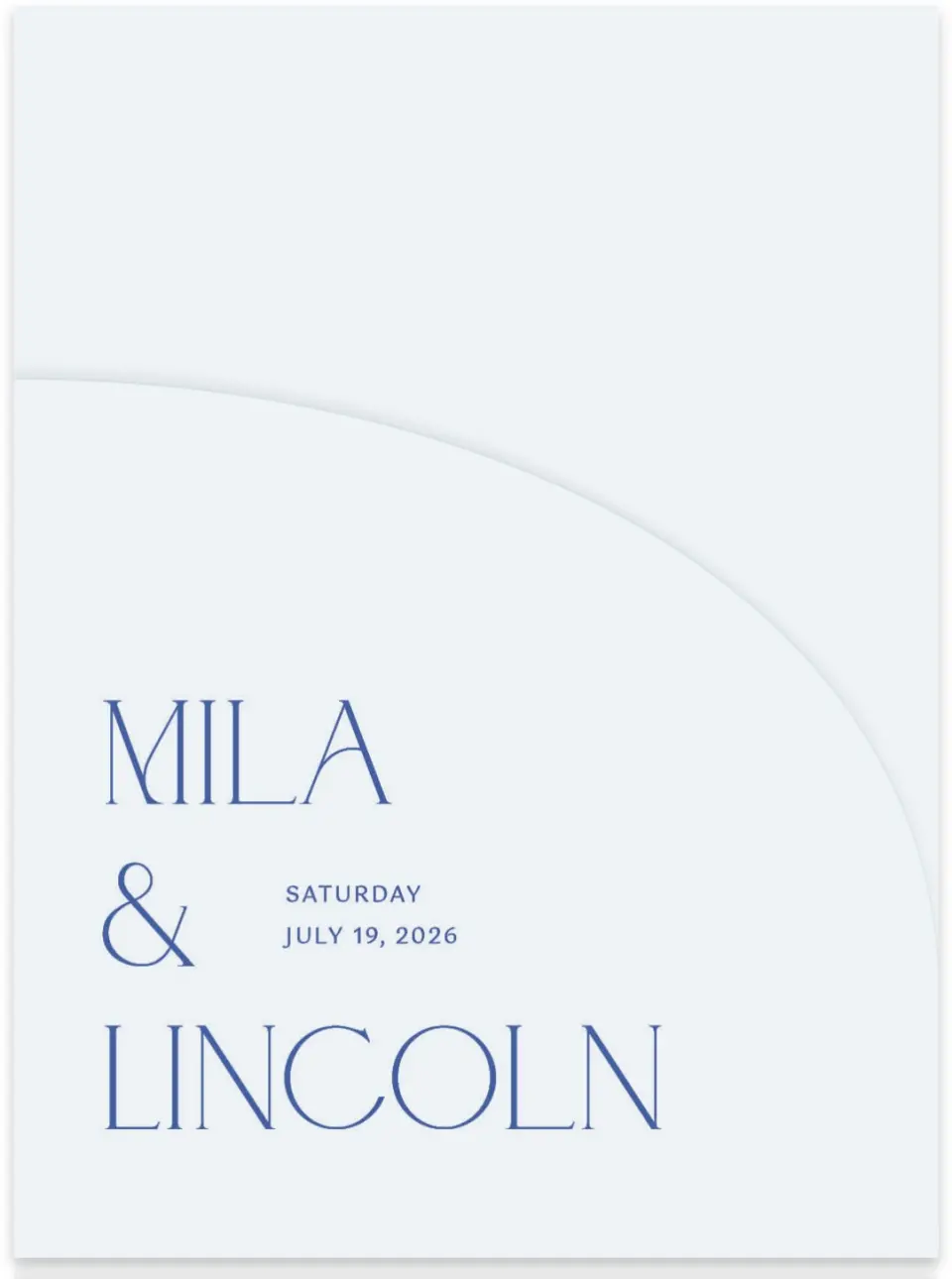 This is a 5¼" x 7.125" Folded Stacked Wedding Invitation called The Mila printed in full color on Luxe Satin (coated) paper