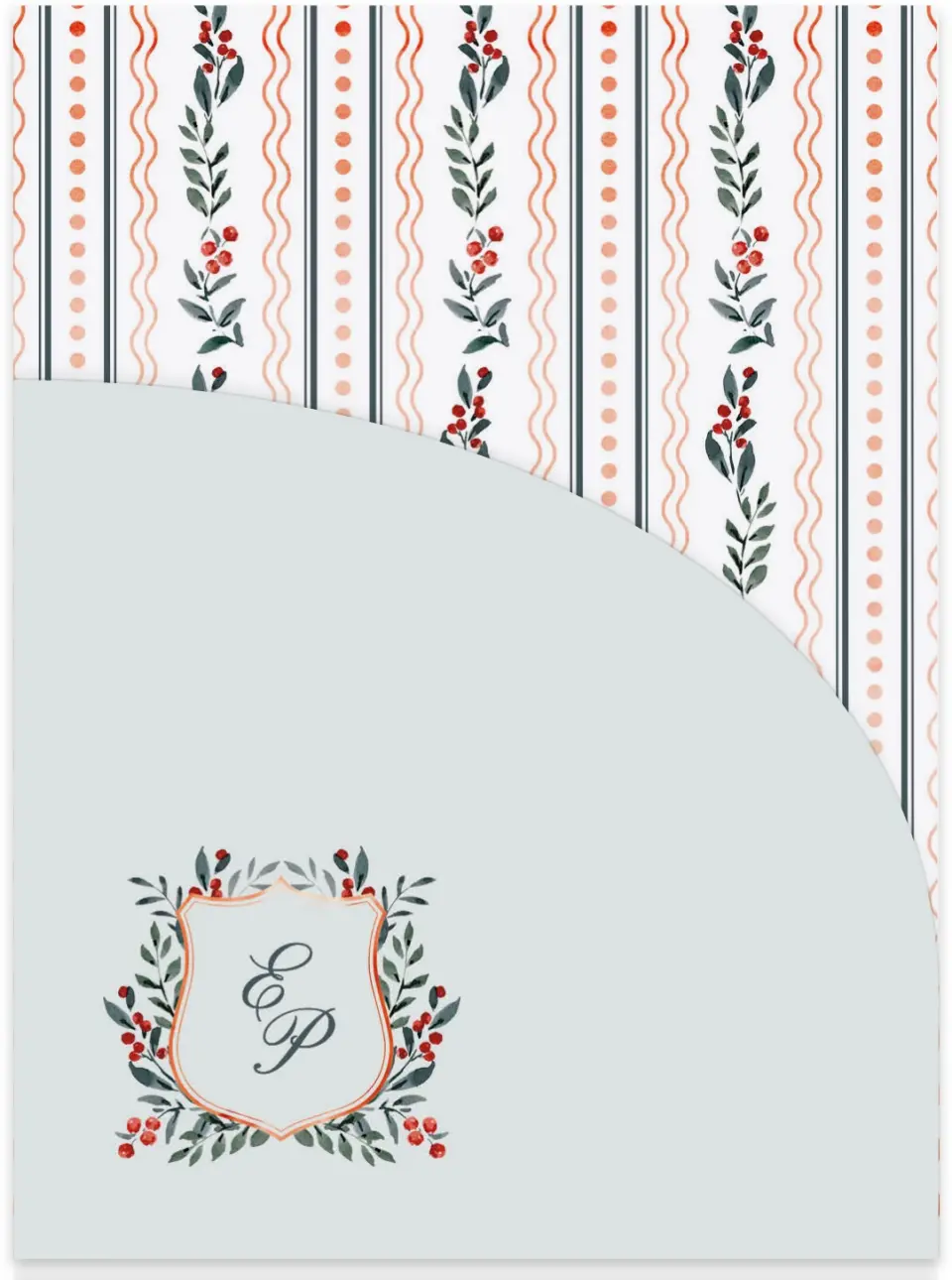 This is a 5¼" x 7.125" Folded Stacked Wedding Invitation called Heirloom Holly printed in full color on Luxe Satin (coated) paper