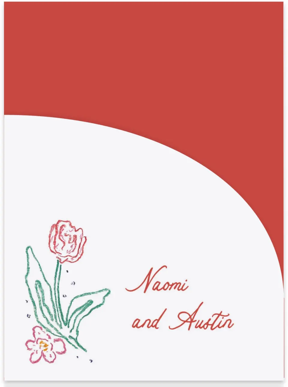 This is a 5¼" x 7.125" Folded Stacked Wedding Invitation called Whimsy Love printed in full color with Gold foil on Luxe Satin (coated) paper