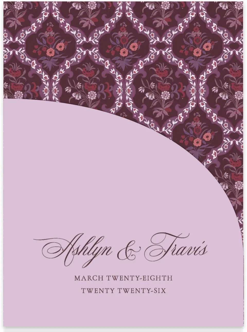 This is a 5¼" x 7.125" Folded Stacked Wedding Invitation called Georgetown printed in full color on Luxe Satin (coated) paper