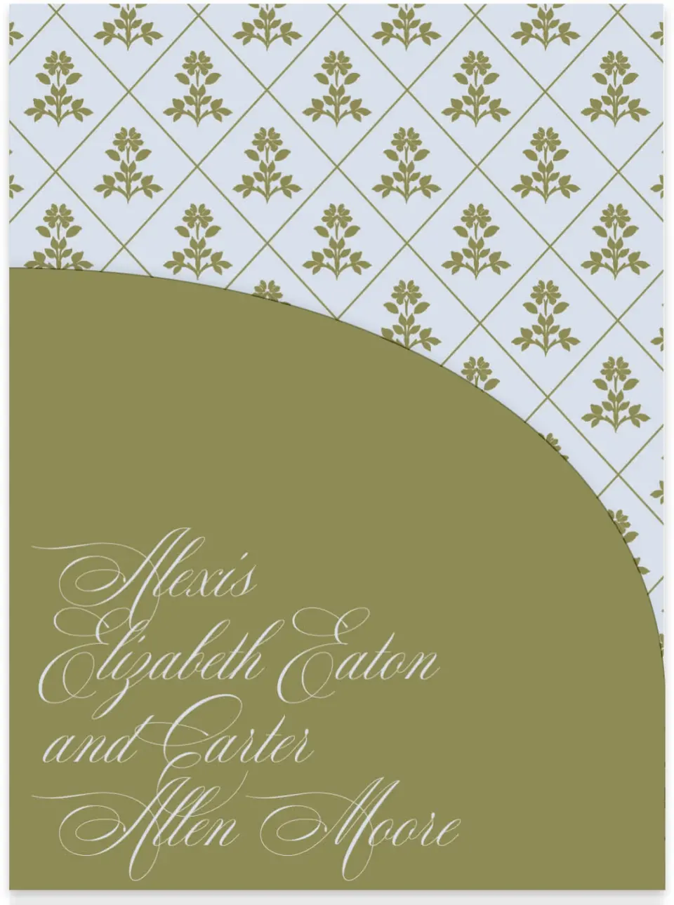 This is a 5¼" x 7.125" Folded Stacked Wedding Invitation called Signature Vows printed in full color on Luxe Satin (coated) paper