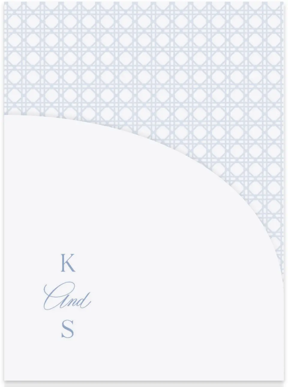 This is a 5¼" x 7.125" Folded Stacked Wedding Invitation called Woven Serenity printed in full color on Luxe Satin (coated) paper