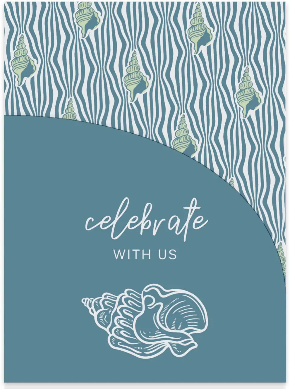 This is a 5¼" x 7.125" Folded Stacked Wedding Invitation called I Hear Wedding Shells printed in full color on Luxe Satin (coated) paper