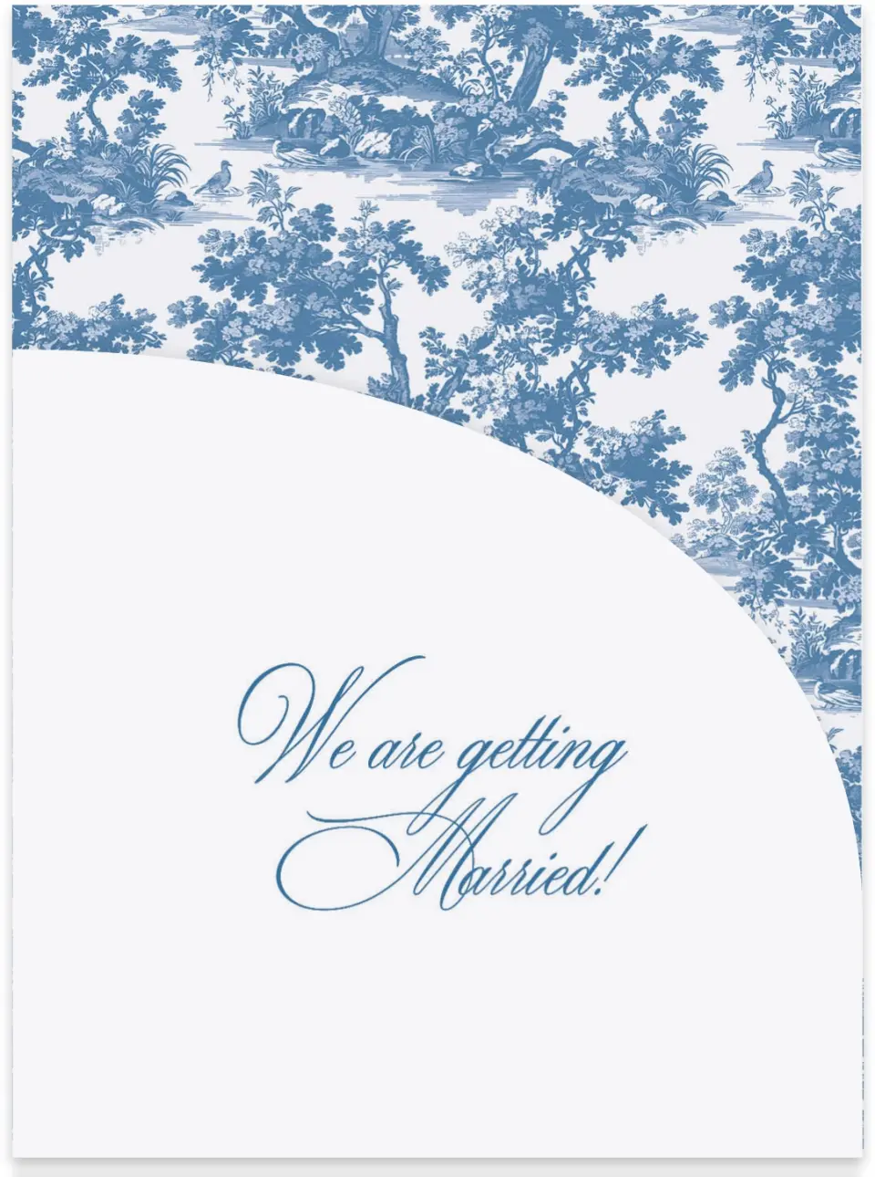 This is a 5¼" x 7.125" Folded Stacked Wedding Invitation called Blue Toile Romance printed in full color on Luxe Satin (coated) paper
