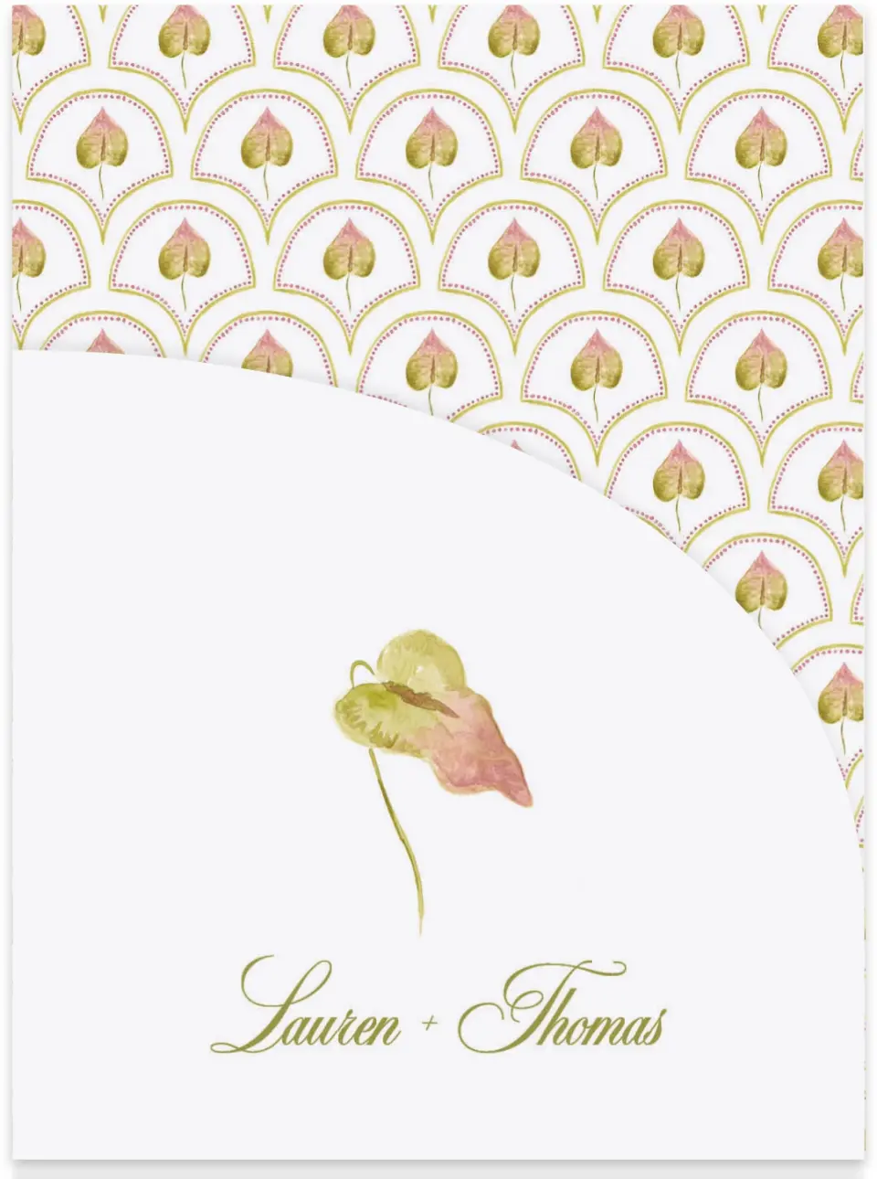 This is a 5¼" x 7.125" Folded Stacked Wedding Invitation called Paradise in Bloom printed in full color on Luxe Satin (coated) paper