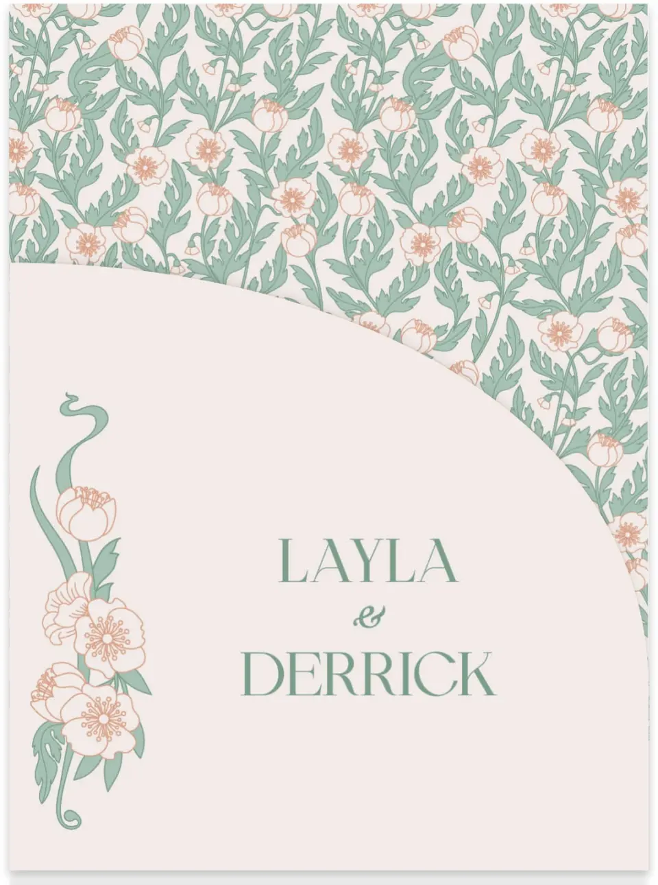 This is a 5¼" x 7.125" Folded Stacked Wedding Invitation called Vintage Dream printed in full color with Gold foil on Luxe Satin (coated) paper