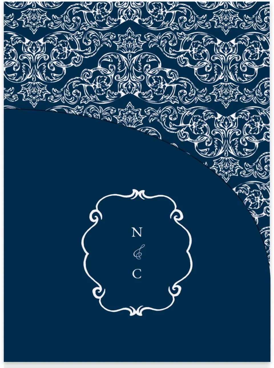 This is a 5¼" x 7.125" Folded Stacked Wedding Invitation called Heirloom Crest printed in full color with Gold foil on Luxe Satin (coated) paper