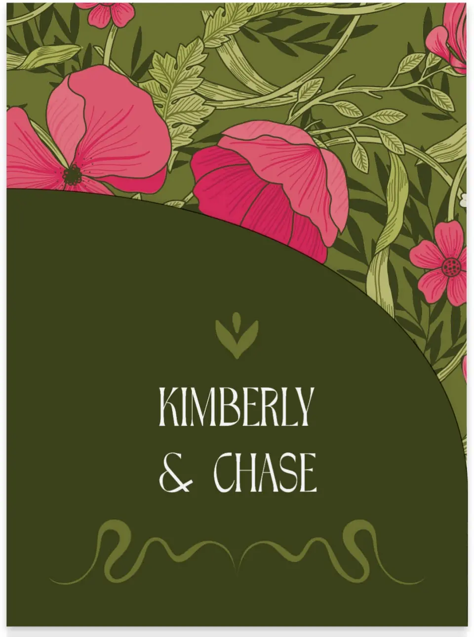 This is a 5¼" x 7.125" Folded Stacked Wedding Invitation called Nouveau Romance printed in full color with Gold foil on Luxe Satin (coated) paper