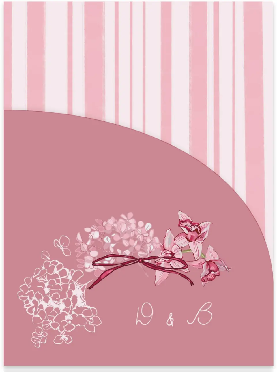 This is a 5¼" x 7.125" Folded Stacked Wedding Invitation called Blushing Whimsy printed in full color with Gold foil on Luxe Satin (coated) paper