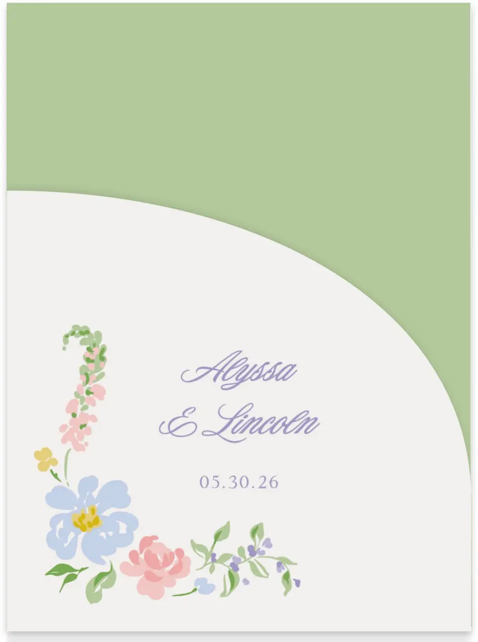 This is a 5¼" x 7.125" Folded Stacked Wedding Invitation called Gentle Garden printed in full color with Gold foil on Luxe Satin (coated) paper