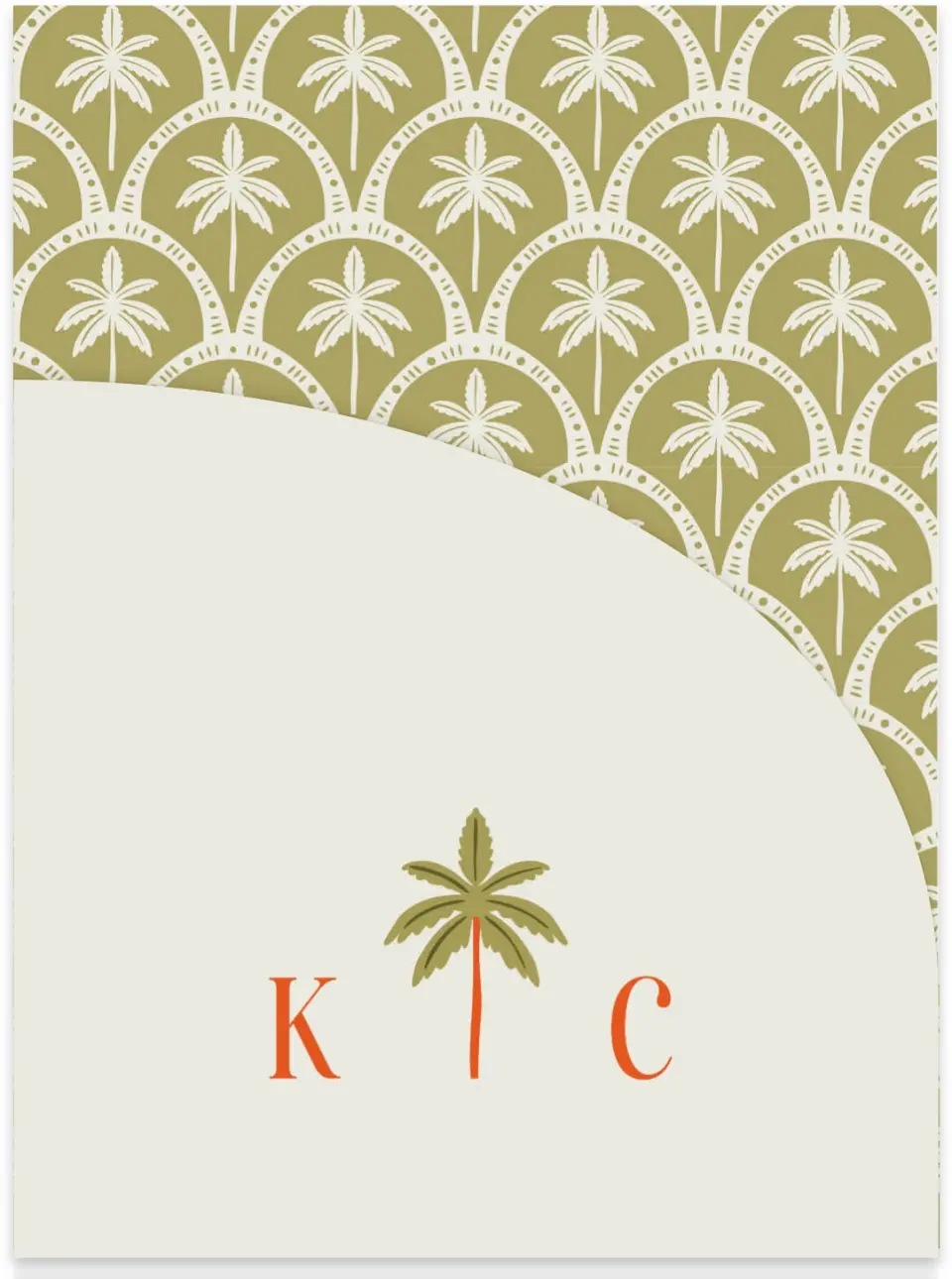This is a 5¼" x 7.125" Folded Stacked Wedding Invitation called Tropical Treasure printed in full color with Gold foil on Luxe Satin (coated) paper